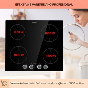 Klarstein Kochheld, indukčná varná doska, 6000 W, 4 zóny, otočné regulátory, sklo, čierna