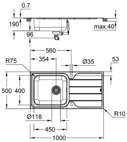 GROHE 31563SD1 - Drez K500 1000 × 500 mm nerezová oceľ