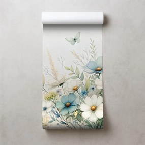 Tapeta pastelové lúčne kvety a lietajúce motýle