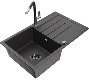 Mexen Bruno, 1-komorový granitový drez 795x495x200 mm a drezová batéria Flora, čierna škvrnitá, 6513-76-670401-07-B