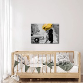Obraz - Zamilovaný pár pod dáždnikom, žltý (70x50 cm)