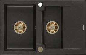 Mexen Gaspar, granitový drez 737x475x177 mm, 1,5-komorový, čierna-zlatá metalíza so zlatým sifónom, 6507731505-75-G