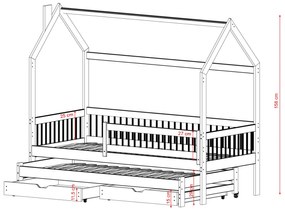 Detská domčeková posteľ s prístelkou a šuplíky PIPER - 200x90 cm - prírodná borovica