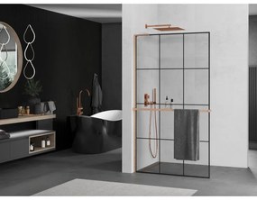 Mexen Kioto+ L, sprchová zástena Walk-In s poličkou a vešiakom 120 x 200 cm, 8mm číre sklo čierny vzor, medený matný profil, 800-120-123-65-77