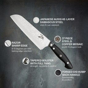 Executive-Plus, 7" nôž santoku, 61 HRC, damašková oceľ