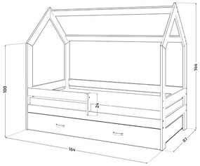Detská posteľ DOMČEK D3 borovica 80 x 160 cm Rošt: Bez roštu, Matrac: Matrac COCO 10 cm, Úložný box: S bielym úložným boxom