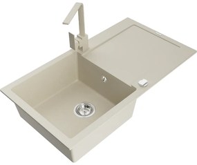 Mexen Leo, drez granitový 900x500x190 mm, 1-komorový, béžový s chrómovým sifónom a béžová drezová batéria Rita, 6501-69-670300-69