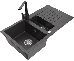 Mexen Matias, granitový drez 900x505x200 mm, 1,5-komorový a čierna škvrnitá batéria Rita, čierna škvrnitá, 6502-76-670300-76
