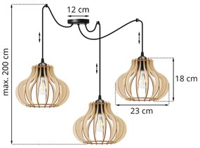 Závesné svietidlo TIMBER SPIDER 3, 3x drevené tienidlo