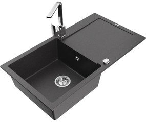 Mexen Leo, drez granitový 900x500x190 mm, 1-komorový, čierna škvrnitá s chrómovým sifónom a chrómová drezová batéria Rita, 6501-76-670300-00