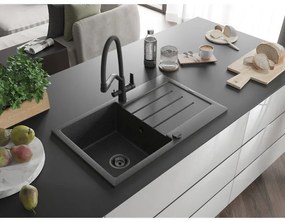 Mexen Bruno, 1-komorový granitový drez 795x495x200 mm a drezová batéria Duo, čierna škvrnitá, 6513-76-671701-70-B