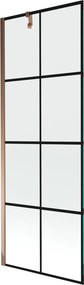 Mexen Next, vaňová zástena 1-krídlová 70 x 150 cm, fixné krídlo, 6 mm číre sklo s čiernym vzorom, ružové zlato profil, 895-070-000-00-77-60
