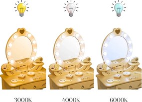 Veľká drevená toaletka ELLY pre deti s LED svetlom a taburetkou natural