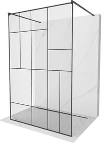 Mexen Kioto, priechodná sprchová zástena 140 x 200 cm, 8mm sklo číre/čierny vzor, 2x čierna stabilizačná rozpera, 800-140-002-70-78
