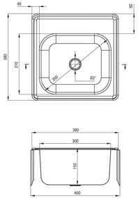 Deante Techno, nerezový drez na dosku 1-komorový B/O 380x380x150 2" + sifón, vzor dekor, ZMU_3100