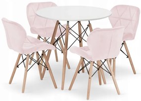 Jedálenský stôl TODI biely 80 cm so štyrmi stoličkami LAGO zamatové ružové