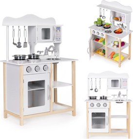Drevená kuchynka pre deti ECOTOYS s rúrou a 5 kovovými príslušenstvami, biela