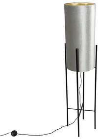 Moderná stojaca lampa čierna s plyšovým sivým tienidlom - Rich