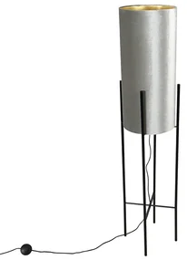 Moderná stojaca lampa čierna s plyšovým sivým tienidlom - Rich