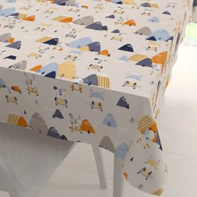 Biante Detský bavlnený obdĺžnikový obrus Sandra SA-613 Modro-oranžové lesné zvieratká na bledo sivom 120x140 cm