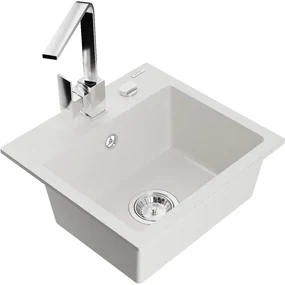 Mexen Milo, 1-komorový granitový drez 435x410x171 mm a chrómová batéria Rita, biela, 6505-20-670300-00