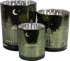 Set 3ks zelený sklenený svietnik s domčekmi - Ø 7*8 / Ø 9*10 / Ø 10*12 cm