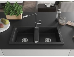 Mexen Mario, 2-komorový granitový drez 820x436x161 mm a drezová batéria Flora, čierna-strieborná metalíza, 6504-73-670401-07