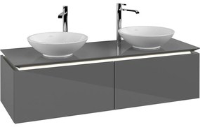 VILLEROY &amp; BOCH Legato závesná skrinka pod dve umývadlá na dosku, 2 zásuvky, s LED osvetlením, 1400 x 500 x 380 mm, Glossy Grey, B591L0FP