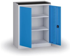 Policová dielenská skriňa 2-dverová, 2 police, 1180 × 950 × 500 mm, modré dvere