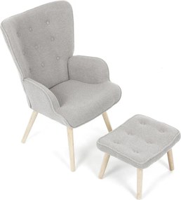 Relaxačné kreslo ušiak ROMEO II + taburet — masívne drevo, látka  bouclé, prírodná / sivá