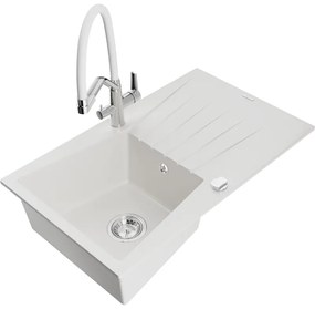 Mexen Cesar, 1-komorový granitový drez 775x470x190 mm a drezová batéria Duo, biela, 6514-20-671701-02