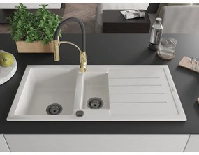 Mexen Andres, 1,5-komorový granitový drez 1000x500x200 mm a drezová batéria Aster, biela, 6515-20-73450-57-B