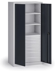 Dielenská zásuvková skriňa na náradie KOVOS, 3 police, 7 zásuviek, perforovaná, 950 x 600 x 1950 mm, grafit