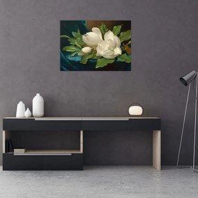 Sklenený obraz - Martin Johnson Heade, Giant Magnolias on a Blue Velvet Cloth, reprodukcia (70x50 cm)