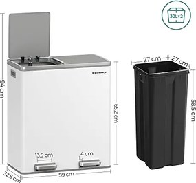 SONGMICS dvojitý kôš, kovový kôš na triedený odpad s 15 vreckami, 2 x 30 l, bielo-šedá