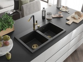 Mexen Hektor, 2-komorový granitový drez 800x480x205 mm, čierna-strieborná metalíza, zlatý sifón, 6521802000-73-G