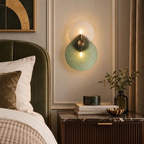 Nástenné svietidlo Art Deco tmavý bronz so zeleným a čírym sklom 2-svetelná - Text