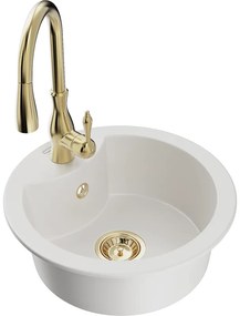 Mexen Diego, 1-komorový granitový drez 488x488x167 mm a drezová batéria Savita, biela, 6512-20-672601-50