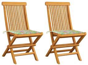 Záhradné stoličky+podložky, vzor s listami 2 ks, tíkový masív 3062472