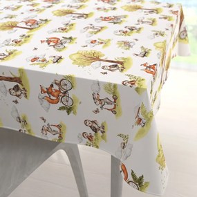 Biante Detský bavlnený štvorcový obrus Sandra SA-697 Líšky na bicykloch - zelené na bielom 100x100 cm