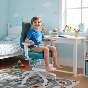 Detská rastúca stolička Neoseat KINDER WHITE PLUS — látka, sivá / tyrkysová
