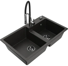 Mexen Tomas, 2-komorový granitový drez 800x500x190 mm a drezová batéria Aster, čierna-zlatá metalíza, 6516-75-73450-07-B