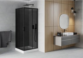 Mexen Rio, štvorcový sprchovací kút s posuvnými dverami 70(dvere) x 70(dvere) x 190 cm, 6mm šedé sklo, čierny profil + biela sprchová vanička RIO, 860-070-070-70-40-4510