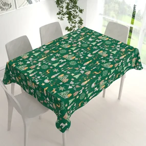 Biante Vianočný bavlnený obdĺžnikový obrus Sandra SA-508 Vianoční škriatkovia a ozdoby na zelenom 50x100 cm