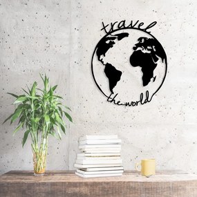 Čierna kovová nástenná dekorácia Travel The World, 55 × 62 cm