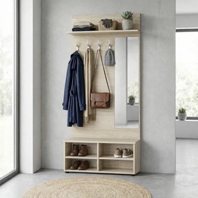 Vešiaková stena s botníkom a zrkadlom HORIZONT, 3 háčiky, polica, roky vodorovne, čerešňa