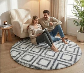 TZ Biely okrúhly vzorovaný koberec shaggy Decor Cube Rozmer: 140 cm