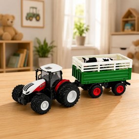 LEAN Toys Poľnohospodársky traktor s prívesom, diaľkovo ovládaný RC, figúrka kravy, mierka 1:24