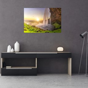 Obraz - Seljalandsfoss spoza vnútra jaskyne (90x60 cm)