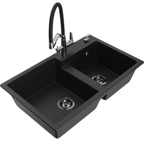 Mexen Tomas, 2-komorový granitový drez 800x500x190 mm a kuchynská batéria Duo, čierna, 6516-77-671701-07-B